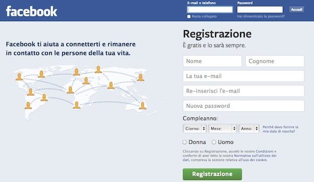 registrazioine facebook