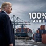 Donald Trump in primo piano con sfondo di container e simboli di Stati Uniti ed اروپا, a rappresentare la minaccia di dazi del 100% sulla digital tax.