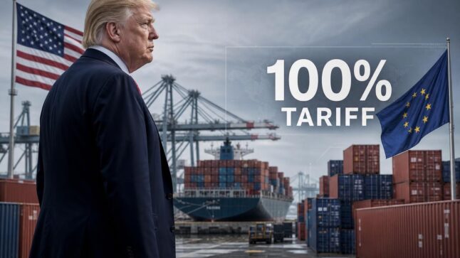 Donald Trump in primo piano con sfondo di container e simboli di Stati Uniti ed اروپا, a rappresentare la minaccia di dazi del 100% sulla digital tax.