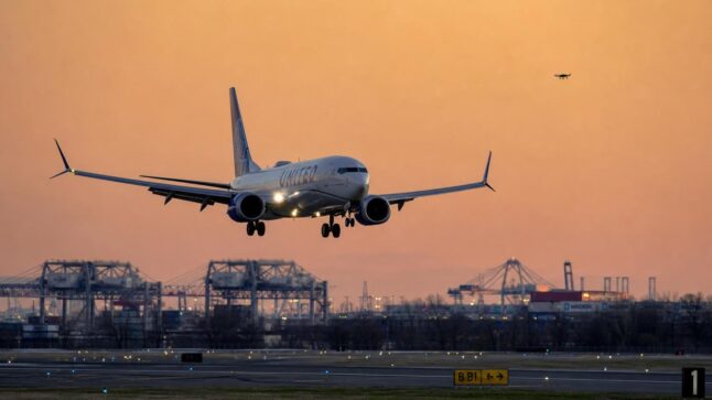 Un Boeing 737 della United Airlines in avvicinamento all’aeroporto di Newark con un drone visibile nelle vicinanze.