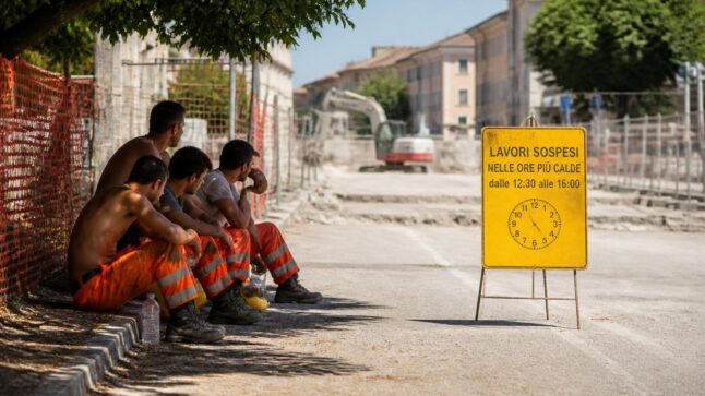 Operai in un cantiere del Lazio durante un’ondata di caldo, con stop ai lavori nelle ore più calde.