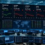 Sala mercati con schermi che mostrano le Borse europee in andamento contrastato e Milano in lieve rialzo.