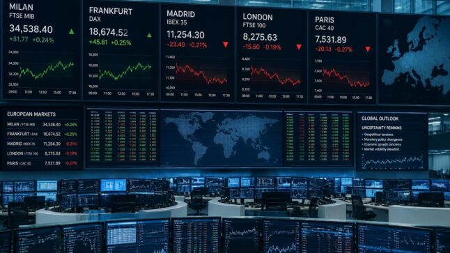 Sala mercati con schermi che mostrano le Borse europee in andamento contrastato e Milano in lieve rialzo.