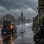 Auto accostata con quattro frecce accese durante un temporale estivo, con un motociclista che cerca riparo.