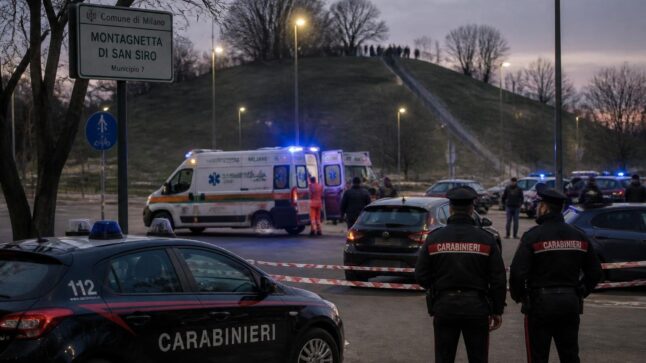 Area di cronaca a Milano con soccorsi e carabinieri vicino a un parco urbano.