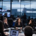 Redazione giornalistica italiana con microfoni e telecamere, atmosfera tesa e istituzionale.