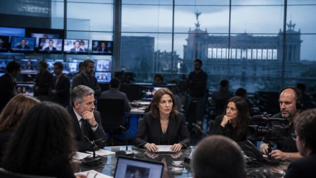 Redazione giornalistica italiana con microfoni e telecamere, atmosfera tesa e istituzionale.