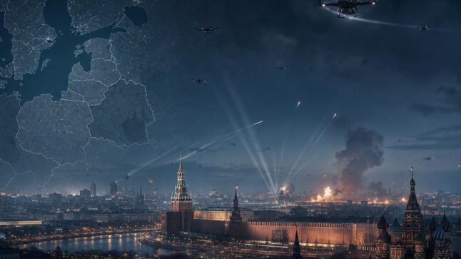 Cielo notturno con droni e difese antiaeree sopra Mosca e Crimea, in un contesto di tensione con la Nato.