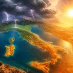 Illustrazione dell'Italia divisa tra caldo estremo e temporali al Nord.