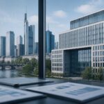 Francoforte con una sede bancaria e riferimenti visivi a negoziati finanziari.
