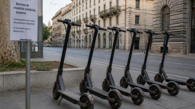 Monopattini elettrici in sharing fermi su un marciapiede urbano, simbolo della sospensione del servizio.