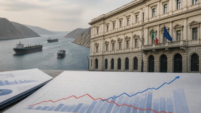 Grafico economico con riferimento alla Banca d’Italia e allo stretto di Hormuz, a indicare previsioni su Pil e inflazione.