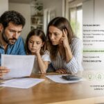 Una famiglia osserva una bolletta elettrica con un richiamo visivo allo sconto automatico.