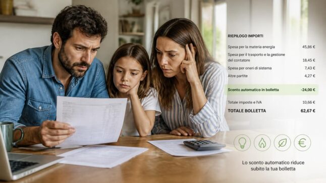 Una famiglia osserva una bolletta elettrica con un richiamo visivo allo sconto automatico.