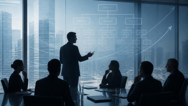 Dirigenti in una sala riunioni durante una riorganizzazione aziendale, con organigramma stilizzato sullo sfondo.