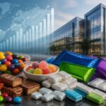 Caramelle e gomme da masticare con grafici finanziari e un edificio corporate sullo sfondo.