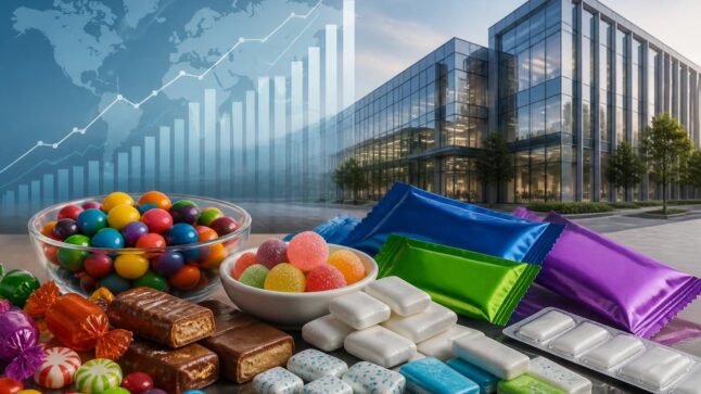 Caramelle e gomme da masticare con grafici finanziari e un edificio corporate sullo sfondo.