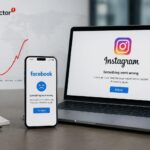 Illustrazione di un disservizio temporaneo di Facebook e Instagram con schermi di errore e grafico delle segnalazioni.