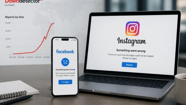 Illustrazione di un disservizio temporaneo di Facebook e Instagram con schermi di errore e grafico delle segnalazioni.