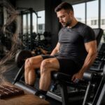 Atleta in palestra mentre si prepara all'allenamento, con una tavoletta di cioccolato fondente in primo piano.