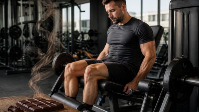 Atleta in palestra mentre si prepara all'allenamento, con una tavoletta di cioccolato fondente in primo piano.