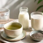 Colazione salutare con acqua, tè verde, kefir, latte di soia e semi di chia su un tavolo luminoso.