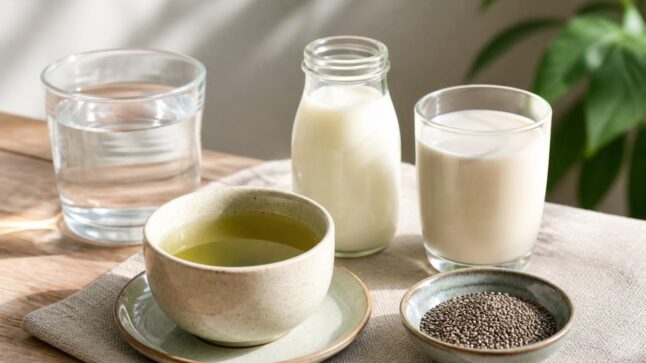 Colazione salutare con acqua, tè verde, kefir, latte di soia e semi di chia su un tavolo luminoso.