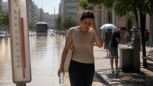 Persona in città sotto il sole intenso con termometro sopra i 40 gradi, immagine sul caldo estremo e i rischi per la salute.