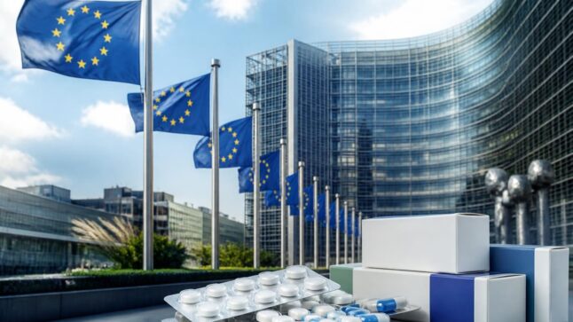 Illustrazione istituzionale con edificio della Commissione europea, bandiere UE e riferimenti ai farmaci generici.