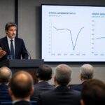 Conferenza stampa istituzionale sul FMI e i conti pubblici italiani, con grafici economici e bandiera italiana.
