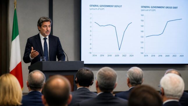 Conferenza stampa istituzionale sul FMI e i conti pubblici italiani, con grafici economici e bandiera italiana.