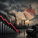 Illustrazione di crisi economica con grafico in calo, petrolio e gas, e sfondo industriale.