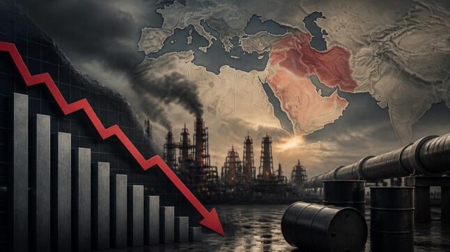 Illustrazione di crisi economica con grafico in calo, petrolio e gas, e sfondo industriale.